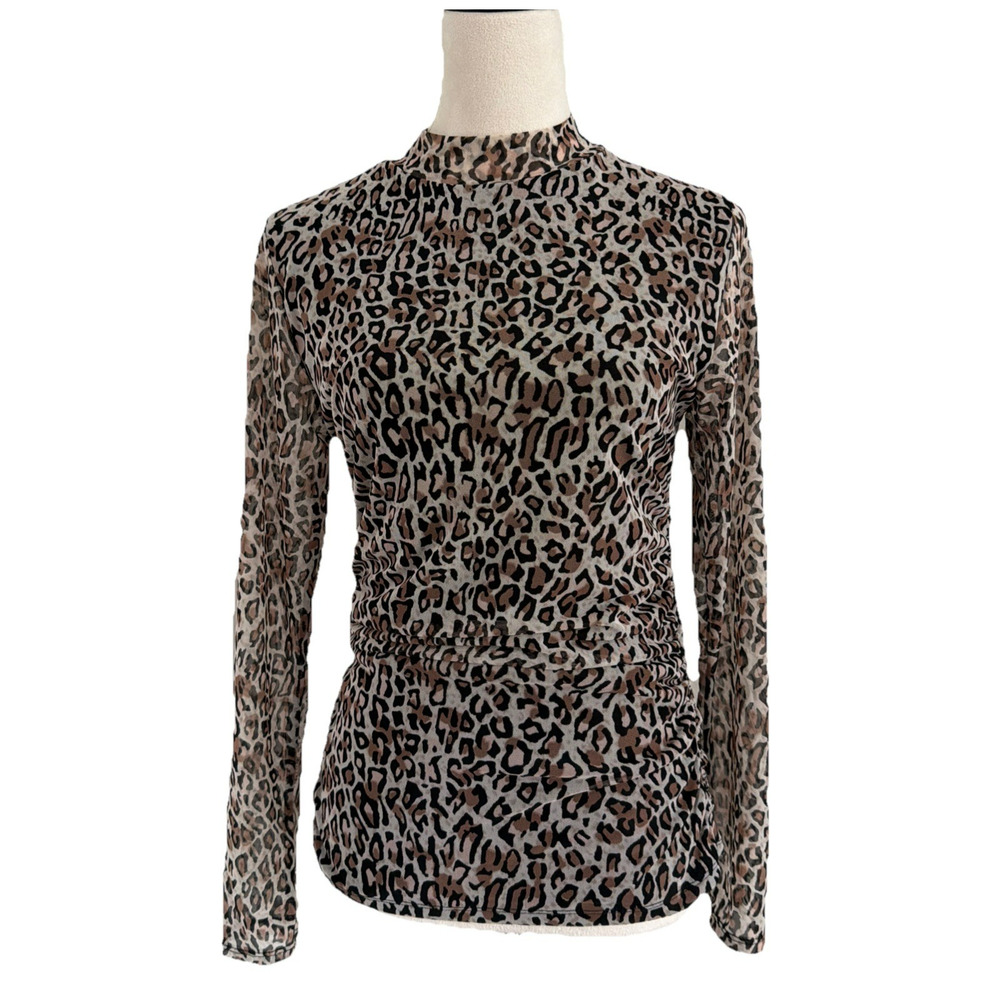 Adrianna Papell Top Womens Lg Mesh Animal Print Mock Neck Ruched Sides Pullover